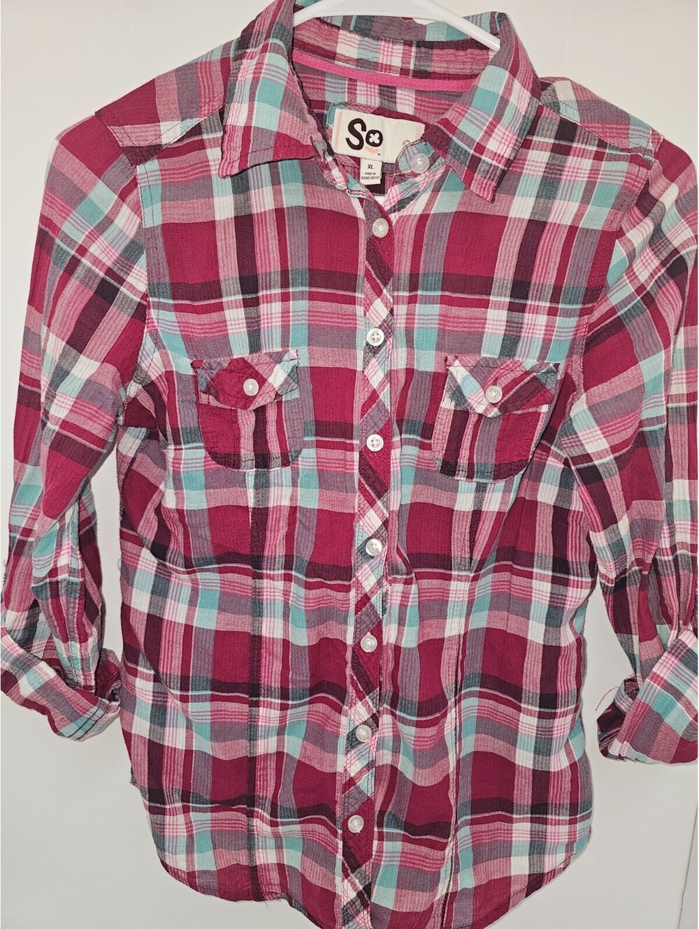 SO Juniors XL Plaid Button Down Shirt Pink Teal Long Sleeve Cotton Casual Top